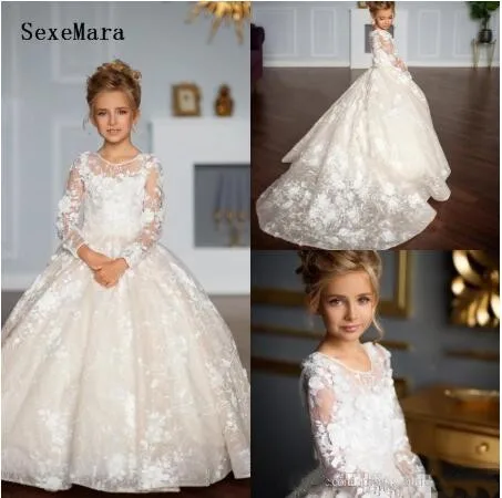 High Quality White/Ivory First Communion Dress For Little Girl Long Sleeve A-Line Kids Wedding Party Pageant Gown Size2-16 | Детская