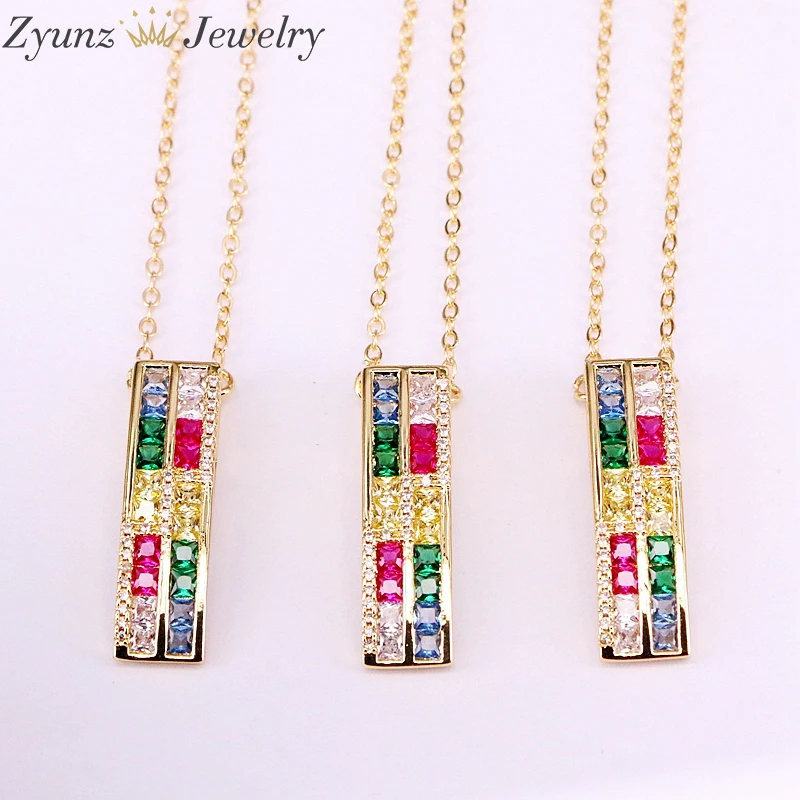 

5PCS, Gold Color Crystal Zirconia Pendant Necklace Colorful CZ Rainbow Bar Pendant Charm Jewelry