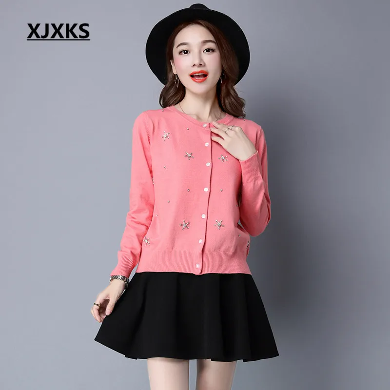 2017 Spring womens cardigans good quality single breasted S XXXL cashmere cardigan beading fashion female sweater