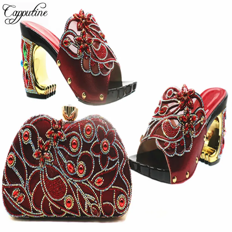 Capputine Nigerian Party Shoes And Bag Sets Italian Fashion Decorated With Rhinestone Shoes And Bag Set For Party Size 38-42