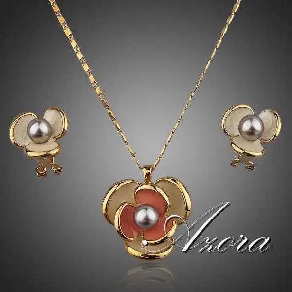 AZORA классический золотой цвет цветок дизайн клип серьги и кулон ожерелье набор TG0023