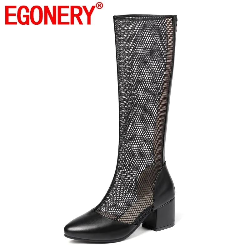 

EGONERY shoes woman 2019 newest concise casual mesh woman sandals outside high square heels zipper ladies summer hollow boots