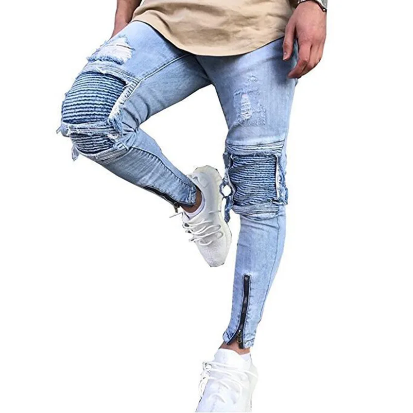 Men Jeans Men's Ripped Slim Fit Straight Zipper Denim Pants Vintage Style Motorcycle with Broken Holes