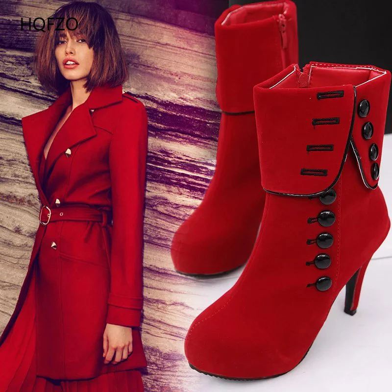 

HQFZO Woman Boots Flock Platform Booties 2018 Winter Pointed Toe Sexy High Heel Sock Boots Woman Zipper Ankle Boots Big Size