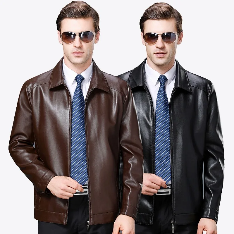 High end Brand 2018 Men's Winter Jacket Men Leather Turn down Collar