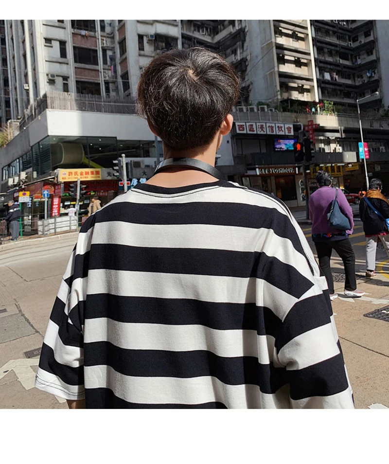 Корейская полосатая футболка большого размера, Мужская Уличная одежда в стиле хип-хоп, повседневные мужские футболки с графическим рисунком, Harajuku Modis, летняя мужская футболка, Топ