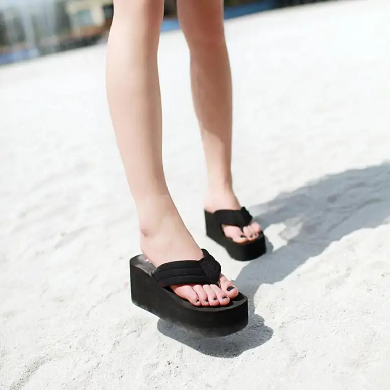 Женские пляжные вьетнамки; Летняя обувь на очень высоком каблуке; женские босоножки на танкетке без застежки; шикарный стиль; женские модные шлепанцы; SH041101
