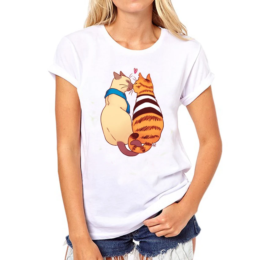cheap New Women #039;s Summer Novelty Cat Kiss Design T shirt Lovely Printed Tops For Female Casual Custom Tee Shirts