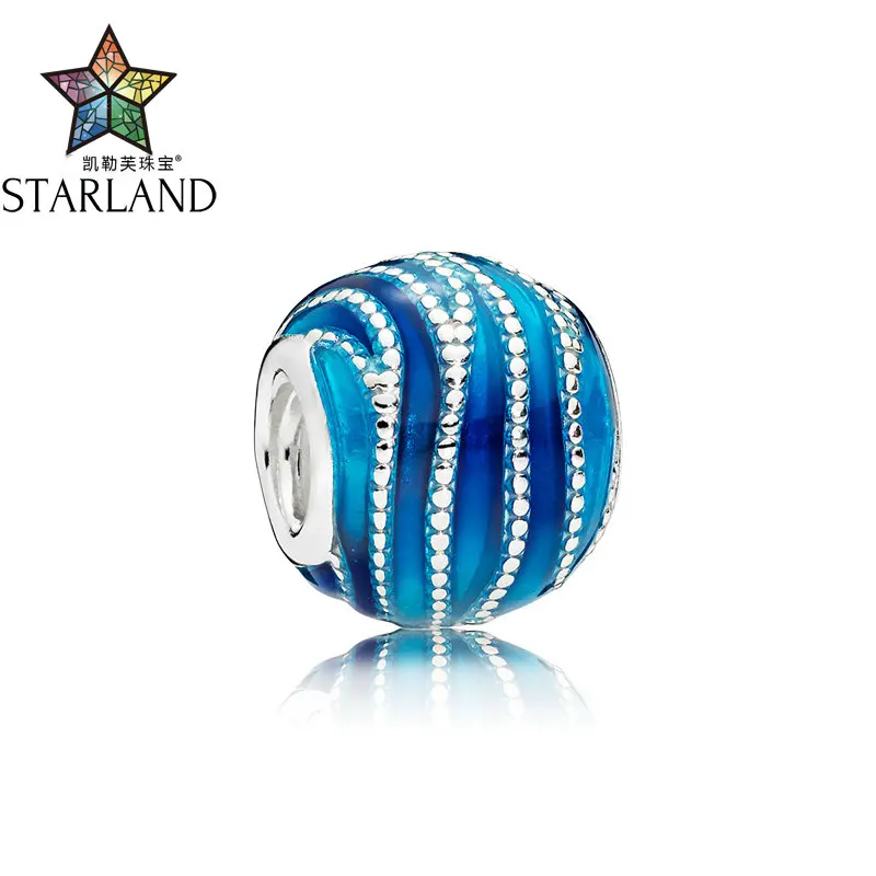 

XINHUI 2018 New 925 Sterling Silver Blue Enamel Water Ripple Charm Beads For Original Band Charms Bracelet Making DIY Jewelry