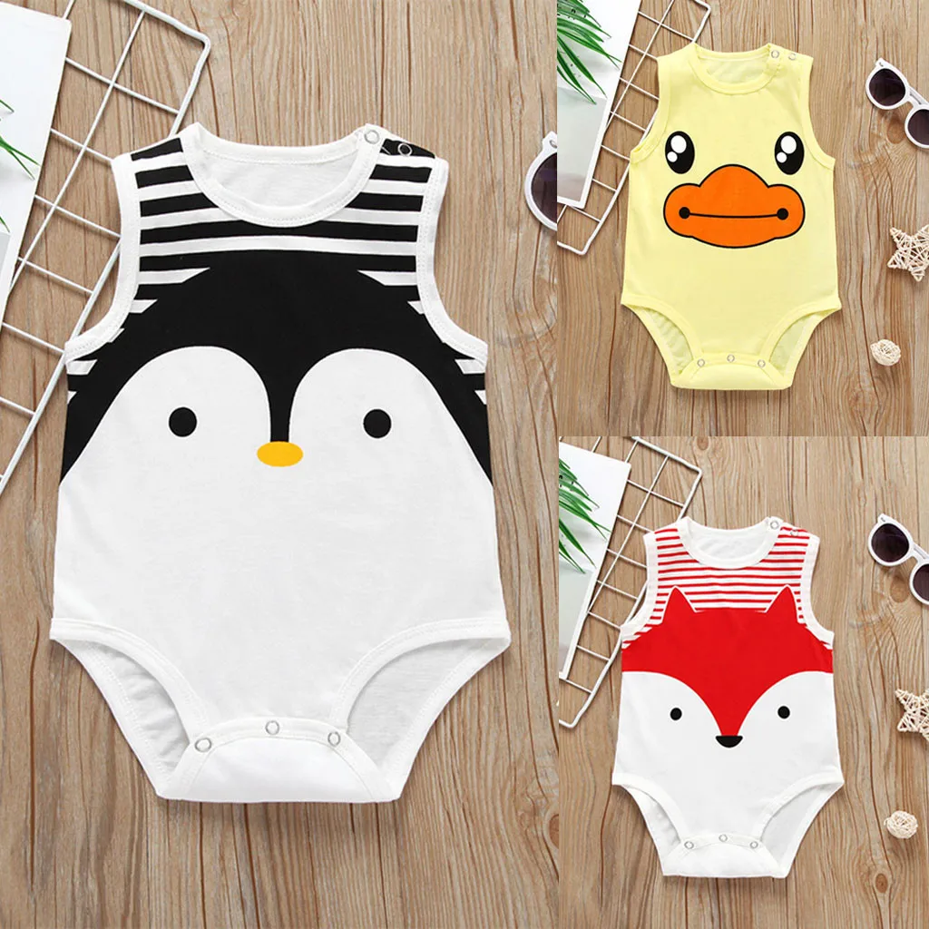 

Newborn Kids Baby Boys Girls Sleeveless Cotton Jumpsuit Cartoon Print Rompers Kids Child Summer