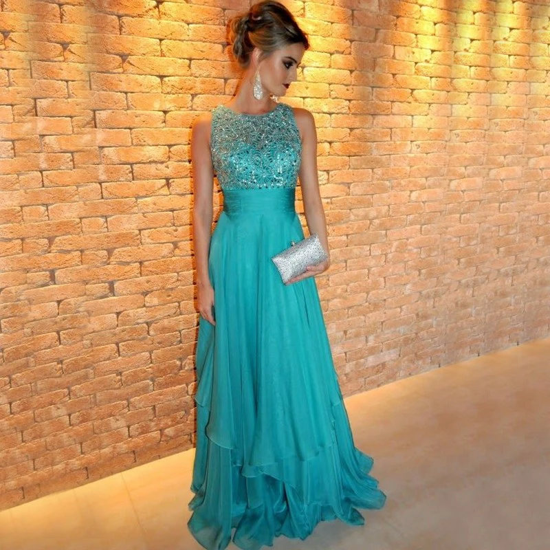 A Line elegante cuello redondo gasa largo Prom vestidos De noche 2017 Vestido con cuentas turquesa Vestido De noche Vestido De Fiesta|evening dress|turquoise evening dressesprom evening dress - AliExpress