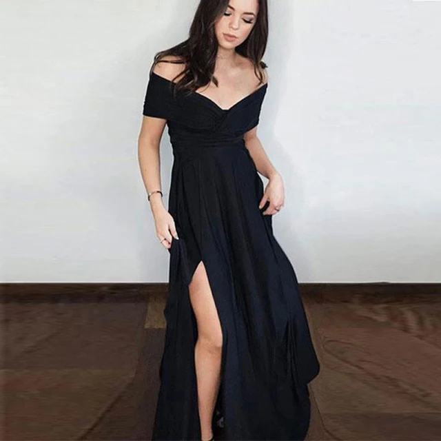 351Elegant Off the Shoulder V-Neck Long Evening Party Dress with Slit A-Line Chiffon Black Prom Dress