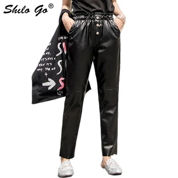 

Streetwear Leather Pants Women Single Button Ruffles Elastic High Waist Sheepskin Genuine Leather Harem Pants Casual Capris