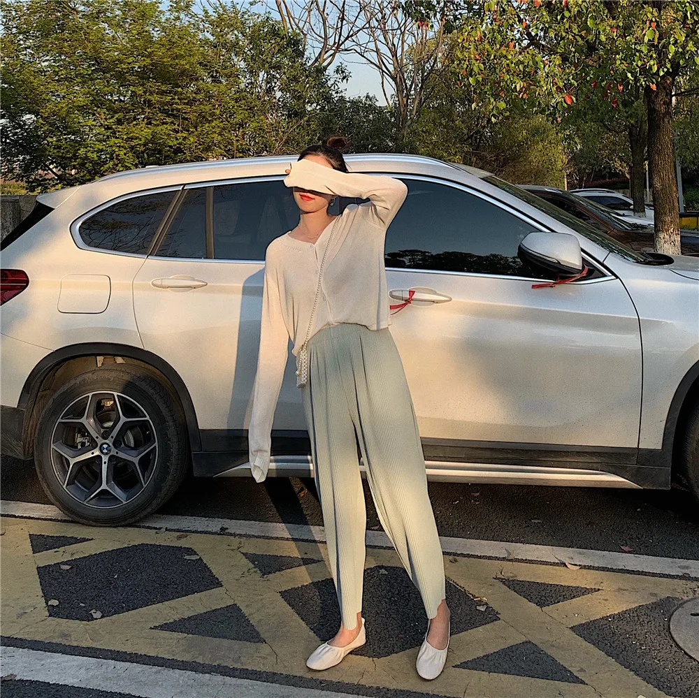 Woherb летние корейские свободные широкие брюки для женщин повседневные эластичные плиссированные брюки с высокой талией уличная одежда однотонные Pantalon Femme