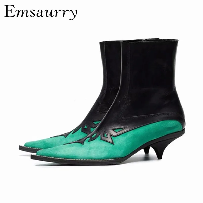 

Scrub Leather Suede Patchwork Ankle Boots Women Spike Low Heel Point Toe Autumn Carved Flower Short Booties