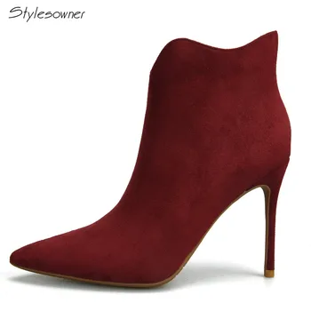 

Stylesowner Grey/Wine Red Color Lady Short Boots Faux Suede With Plush In High Heels Boots Plus Size 10cm Thin Heels Boots