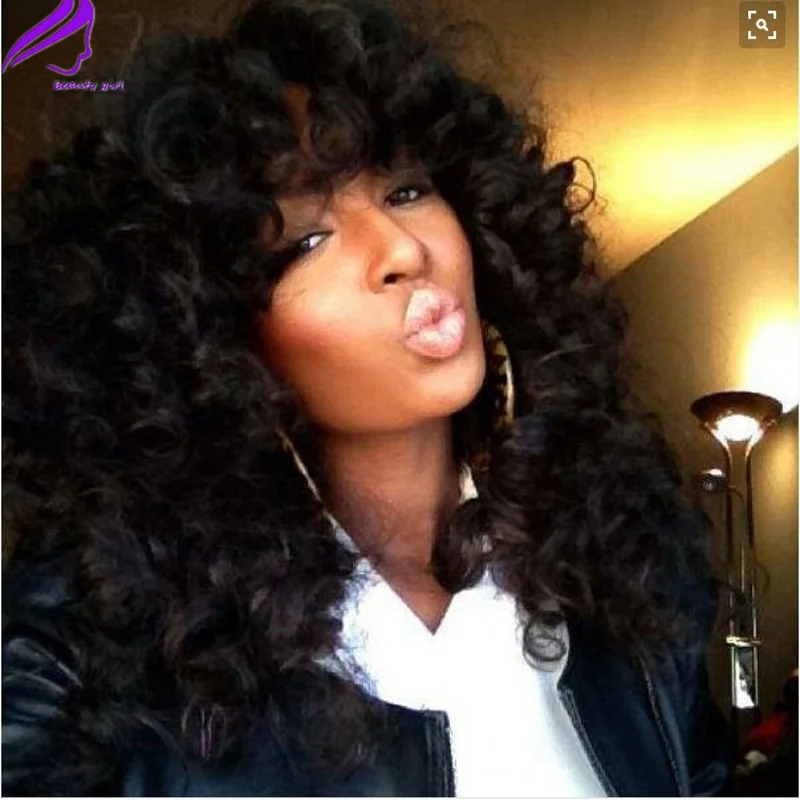 Stock 1b Black Kinky Curly Synthetic Lace Front Wig With Bangs For