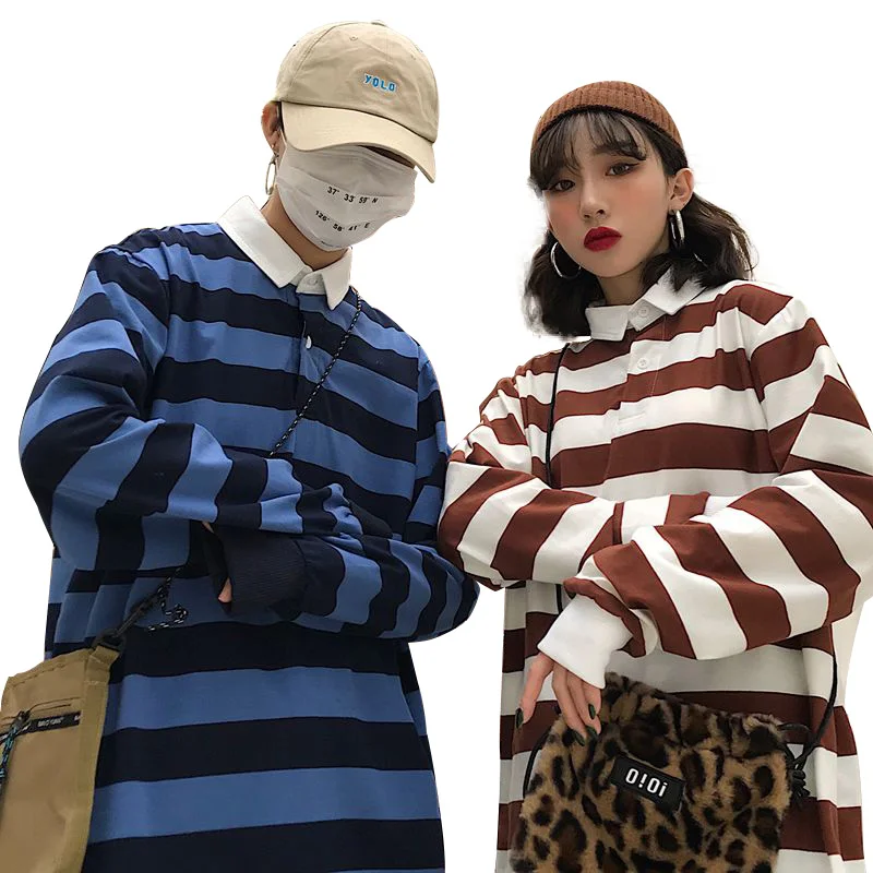 

2019 Korean Retro Harajuku Spring Women T-shirt Striped Loose Long Sleeve Top Tees Casual Streetwear Fashion T-shirt