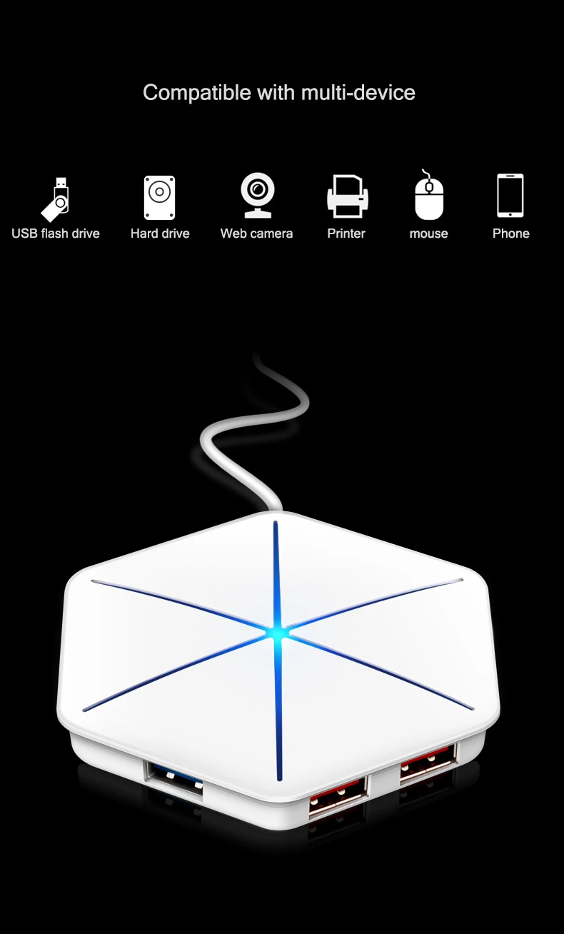 6 портов USB2.0 концентратор 1 м кабель разветвитель с TF SD кардридер прохладный свет зарядка USB 2,0 3,0 концентратор для мульти-устройства