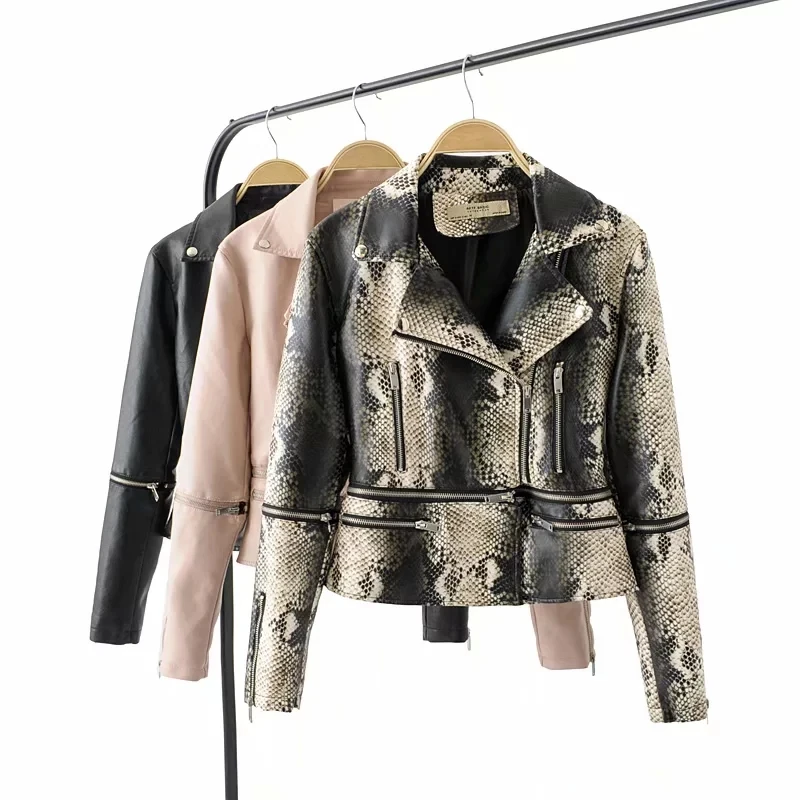 

Klacwaya fashion women new PU Leather jackets for chic ladies vintage snake skin bomber jacket slim girls cool animal print coat
