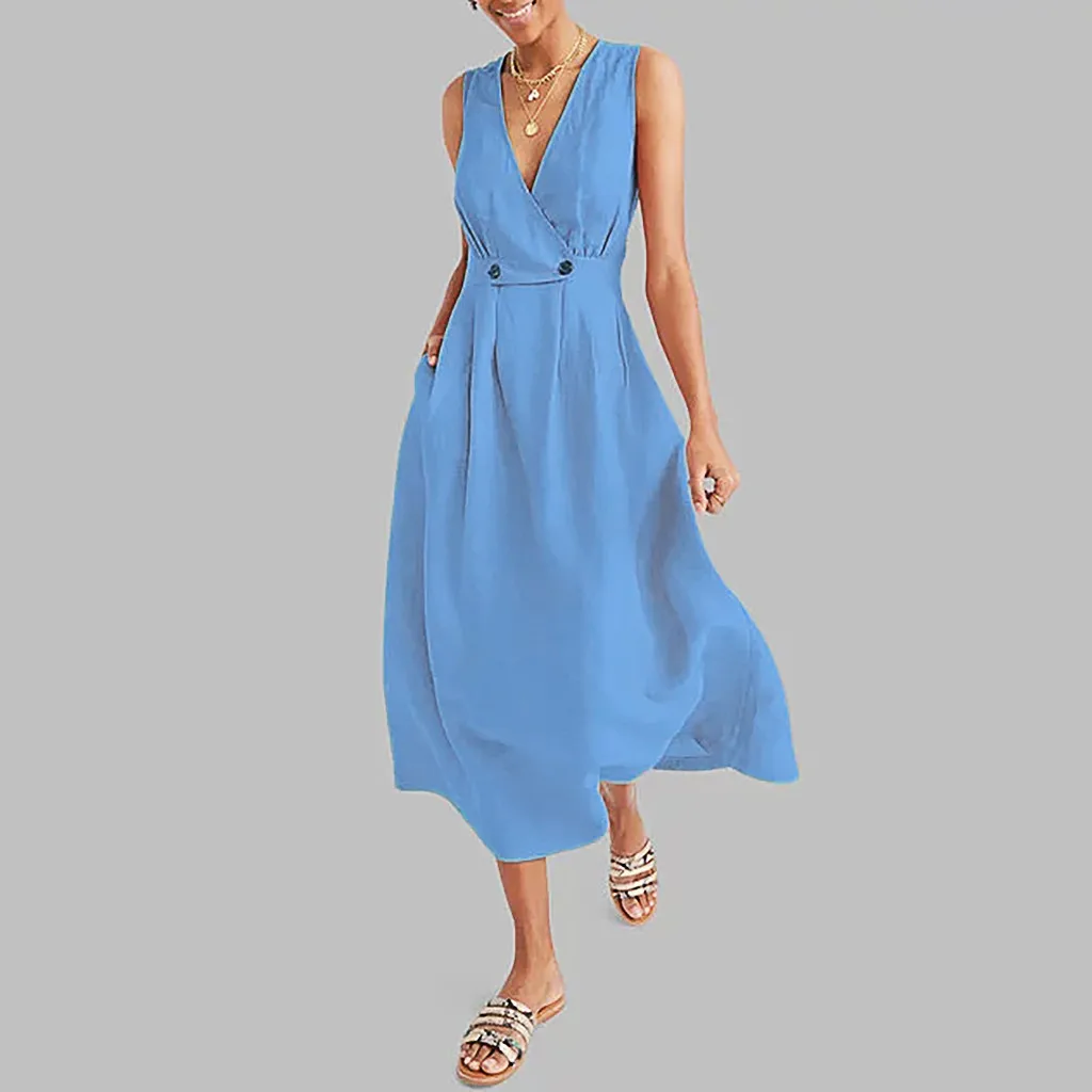 

Summer Dress Fashion Women V-Neck Pure Color Vest Sleeveless Button Easy Sandy Beach Dress Sexy Dress Robe Femme