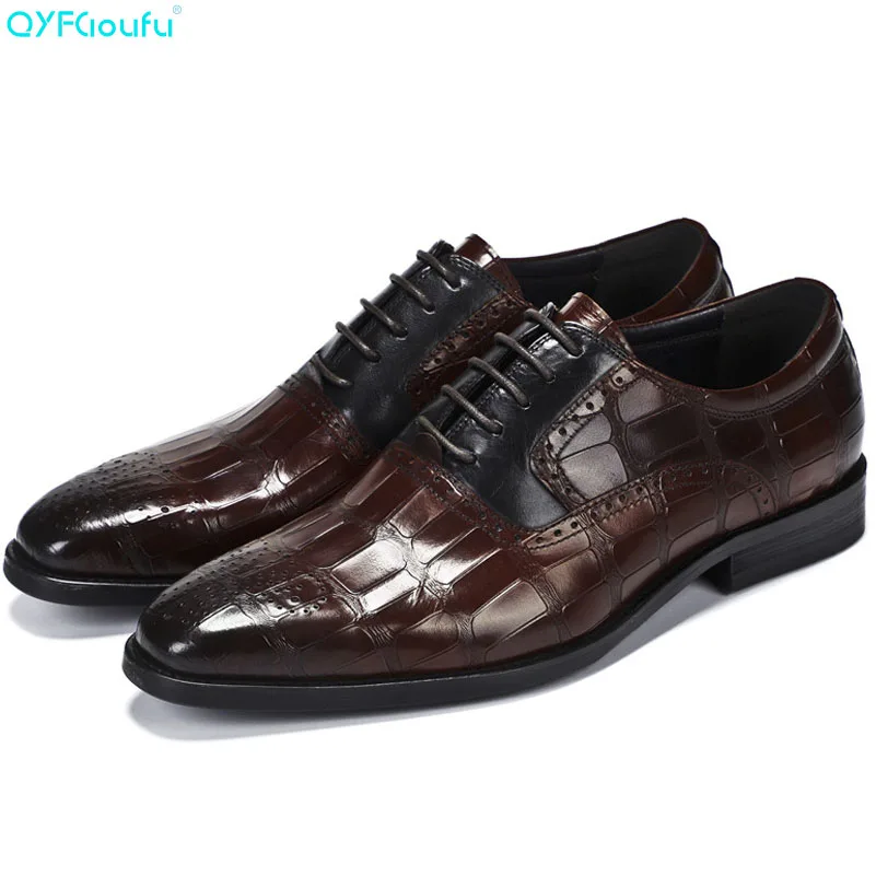 

New Men Dress Shoes Formal Shoes Handmade Business Shoes Genuine Leather Lace-up Crocodile Pattern Wedding Shoes