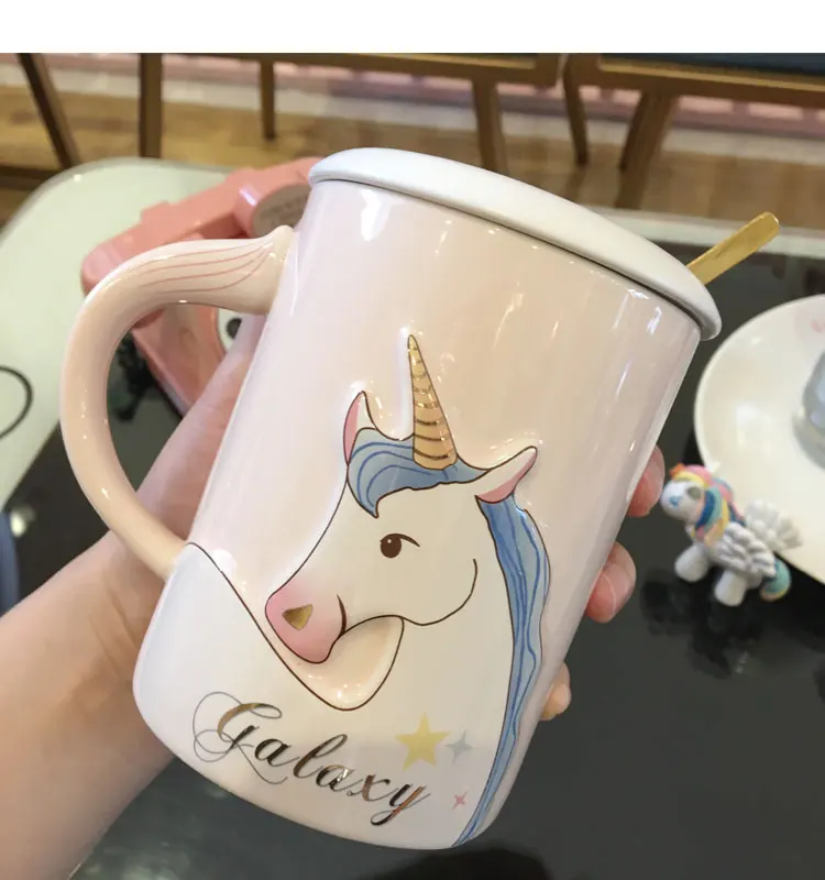 

OUSSIRRO Creative 3D Emboss Unicorn Coffee Mug with Spoon and Lid Drinking Coffee Tea Cup Gift