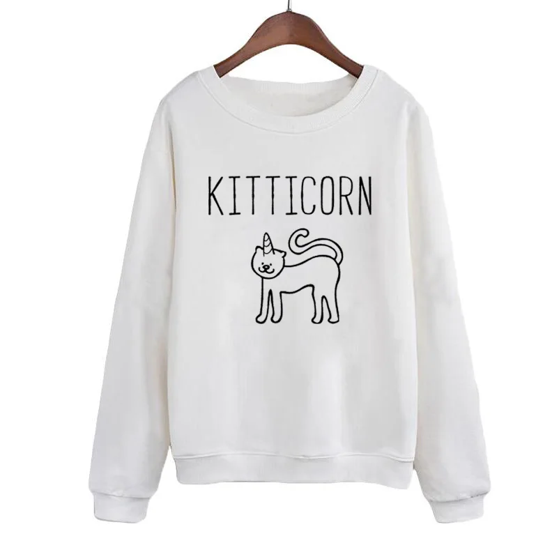 Милые Kitticorn Толстовка Kitten битник для любителей животных свитер для женщин, пуловер Harajuku с принтом с круглым вырезом толстовки