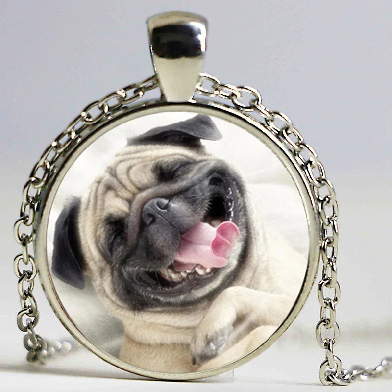 Pug necklace dog jewelry glass dome pendant cute puppy choker silver sweater chain statement neckless animal lover best gifts