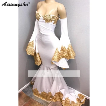 

White 2019 Prom Dresses Mermaid Long Sleeves Appliques Lace Beaded Long Prom Gown Dubai Kaftan Evening Dresses Robe De Soiree