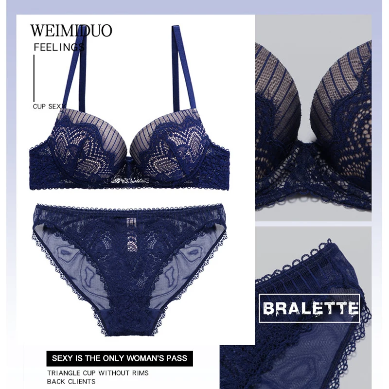 Perfering 2019 New Lace Bra Sets Women Lingerie Embroidery Thick Push Up Brassiere Cotton Underwear Sexy Bras Gather Bule Black