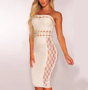 

Top quality bandage lady dress sexy strapless lace sleeveless white evening party slit bodycon celebrity pub low bosom dresses