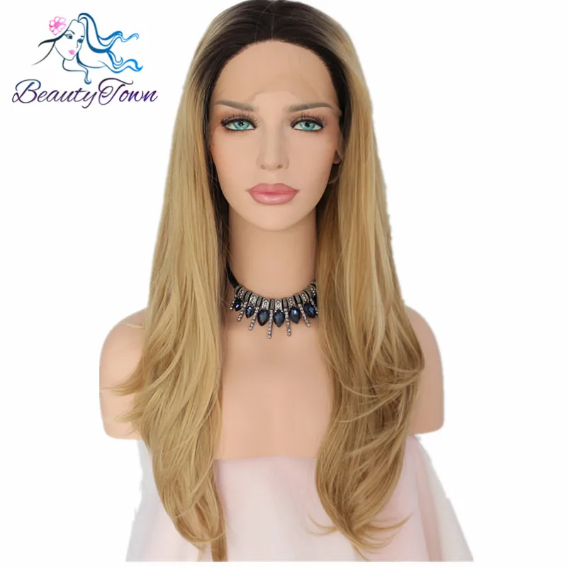 

BeautyTown Black Ombre Brown Color Glueless Heat Resistant 150% Density Handmade Masquerade Daily Synthetic Lace Front Wigs