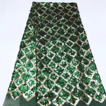 

5 yards/ Free shipping High quality Green Gold Line Sequins Nigerian lace fabric french lace African lace fabric Dress lace