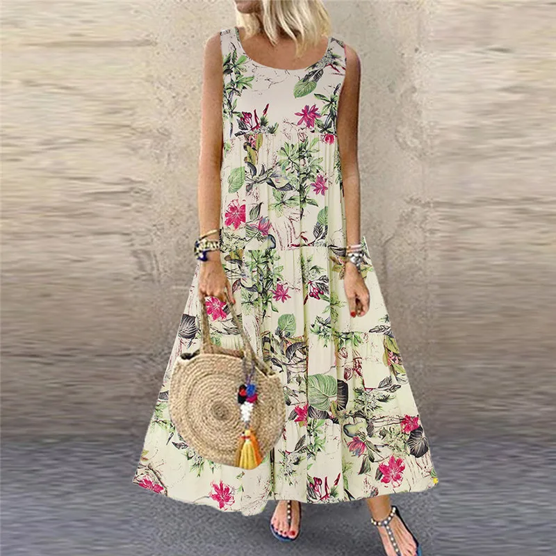 

Summer Long Maxi Dress Women Casual Boho Floral Print Chiffon Beach Dress Sexy O-Neck Plus Size Wrap High Slit Party Dress 616