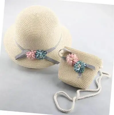 HANGYUNXUANHAO/ новая Корейская весенне-летняя шляпа с бантом из ленты, двойной цветок, детская соломенная шляпа, детская пляжная Панама для девочек+ сумка, шляпа от солнца - Цвет: hat Bag beige