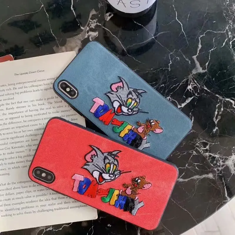

Cute Embroidery Phone Case For iPhone 6 6s Plus X XS Max XR Cat and mouse Tom jerry Pattern Back Cover For iPhone 7 8 Plus shell