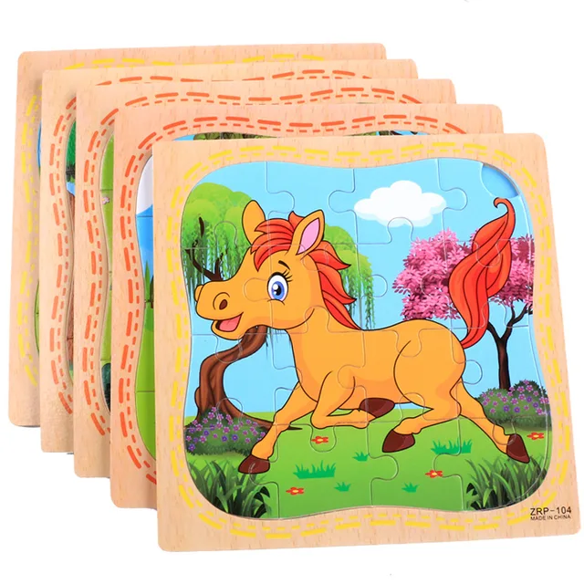 16 Piece Wooden Puzzle Kids Educational Toy Jigsaw Cognition Poultry Animal/ Vehicle/ Aircraft Baby Learning Toys for Children 2