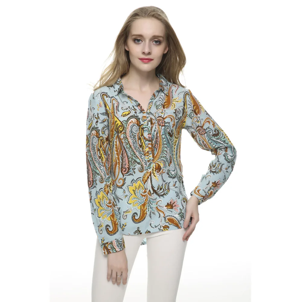 Women Paisley print vintage blouses turn down collar long sleeve office