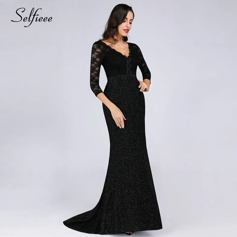 

Black Sexy Dresses Woman Party Night Elegant Mermaid V Neck Three Quarter Sleeves Long Lace Dress With Train Vestidos De Fiesta