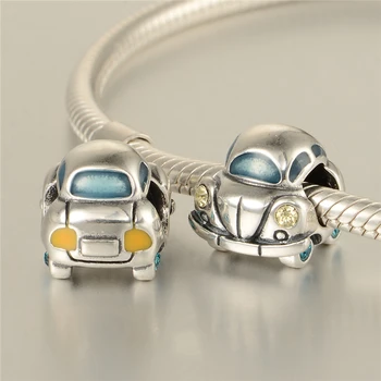 

925 Sterling Silver Classic Car Charms With Blue Enamel Women Bracelet Bangles Pendants Charm Beads & Jewelry Sieraden Maken