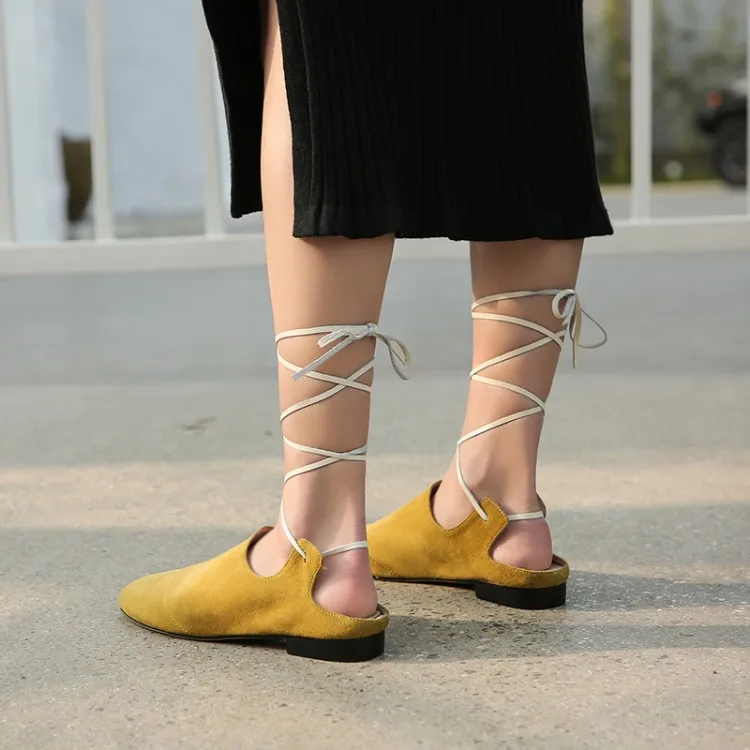 

MLJUESE 2018 women sandals Kid Suede lace up Gladiator yellow color round toe low heels beaches sandals party dress size 34-43