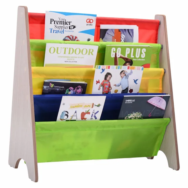 Goplus Kids Book Shelf Sling Storage Rack Colorful Wooden Organizer Goplus Kids Book Shelf Sling Storage Rack Colorful Wooden Organizer Children Bookcase Display Holder Natural New