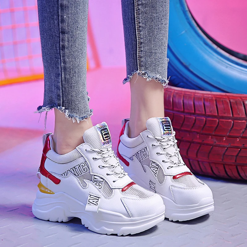 

2019 New Summer High Platform Shoes Air Mesh White Shoes Breathable Casual Shoes Woman 9CM Wedge Heels Women Thick Sole Sneakers