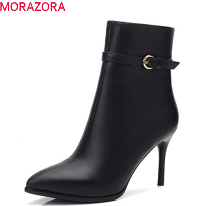 

MORAZORA 2020 high quality genuine leather boots women pointed toe short plush autumn boots zipper thin high heels ankle boots