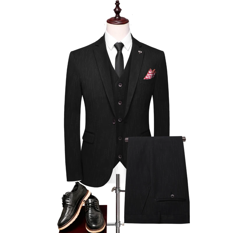 

( Jacket + Vest + Pants ) 2019 New Men's Fashion Boutique Striped Formal Business Suits / High-end Boutique Wedding Groom Suits