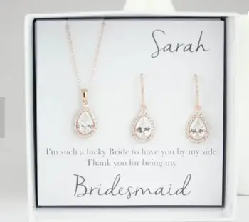 

personalize rose gold NAME TEXT wedding Bridesmaid teardrop CZ Earrings necklace sets Jewelry Sets for Bridesmaid proposal gift