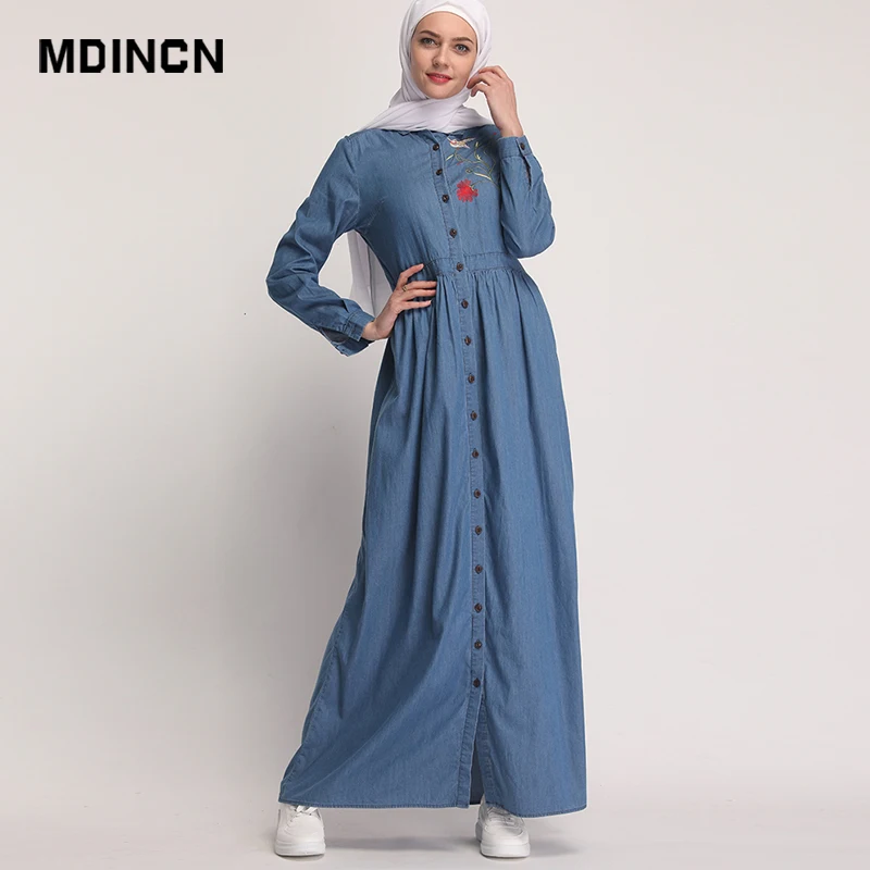 

Embroidery World Apparel Muslim Denim dress Kimono Ramadan Middle East Thobe Worship Service Islamic Clothing Muslim Fashion