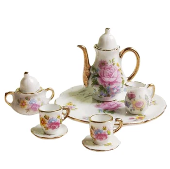 

8pcs Dollhouse Miniature Dining Ware Porcelain Tea Set Dish Cup Plate -Pink Rose
