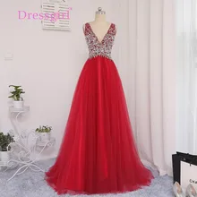 Dressgirl Rot 2017 Brautkleider A-linie Mit V-ausschnitt Tüll Wulstige Kristalle Lange Backless Abendkleid Abendkleider Abendkleid